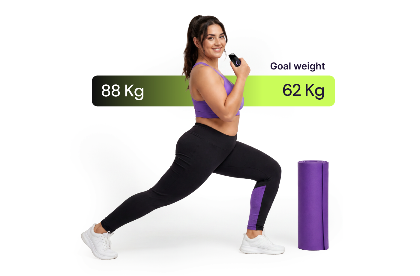 Woman holding Lumen device with weight chart showing 88 Kg starting weight and 62 Kg goal weight