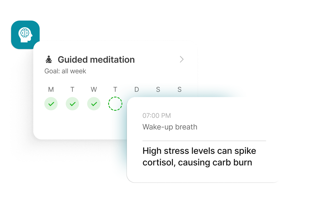 Lumen app showing a guided meditation habit tracker and a stress notification: High stress levels can spike cortisol, causing carb burn