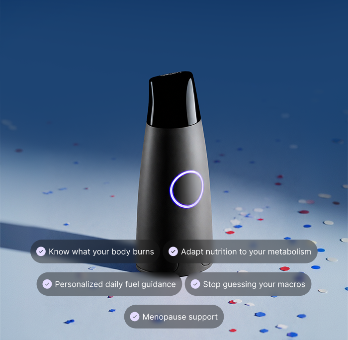 The Lumen device, with badges reading Know what your body burns, Adapt nutrition to your metabolism, Personalized daily fuel guidance, Stop guessing your macros, and Menopause support
