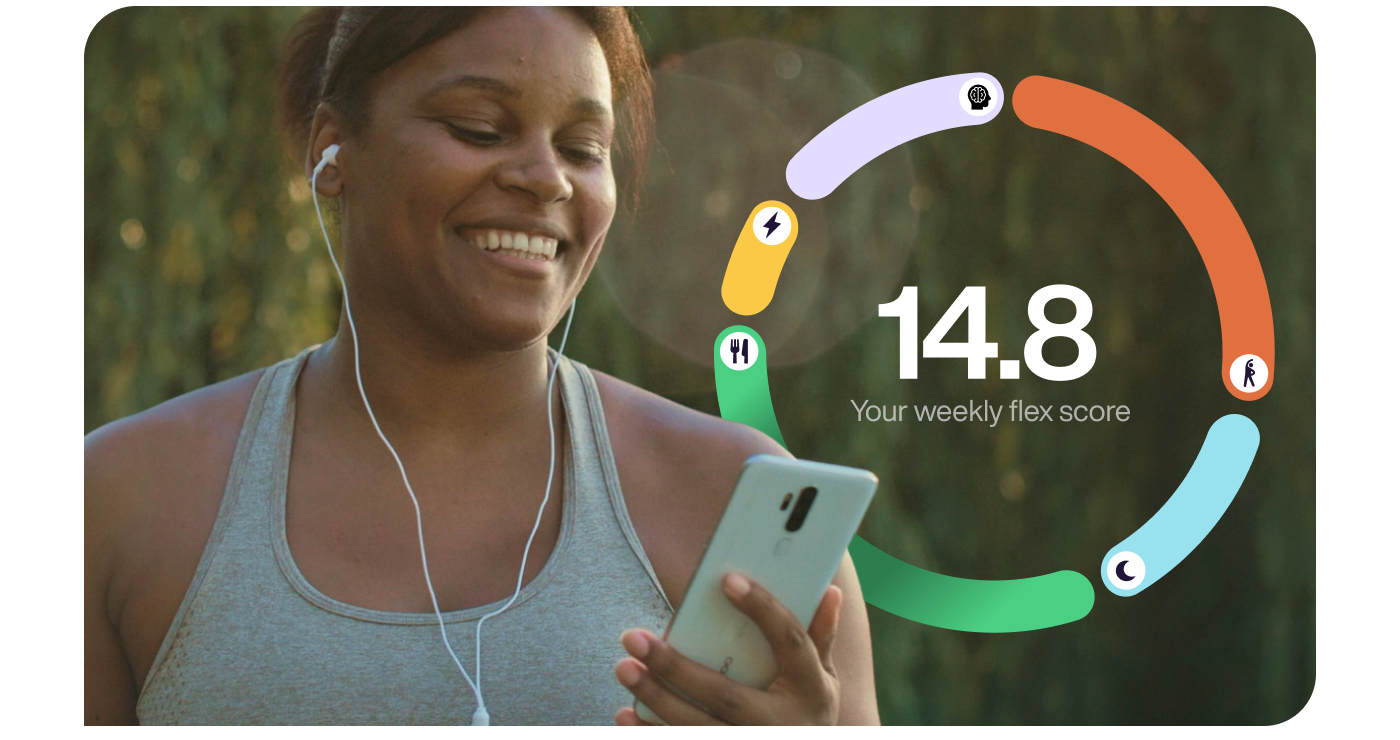 Woman smiling with earbuds, holding phone showing Lumen app with 14.8 weekly flex score